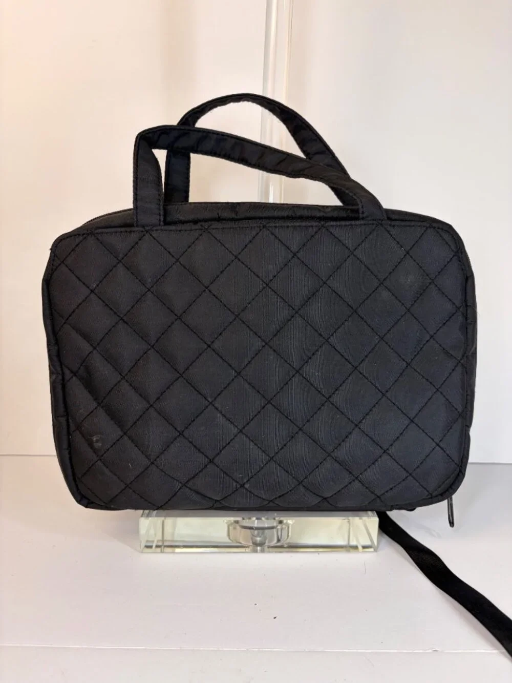 Women's Black Quilted Cosmetic Toiletry Travel Bag Organizer Double Handled